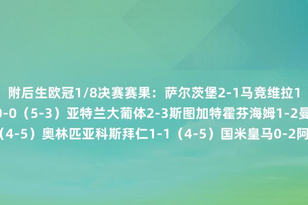 附后生欧冠1/8决赛赛果：萨尔茨堡2-1马竞维拉1-3巴萨特拉布宗体育0-0（5-3）亚特兰大葡体2-3斯图加特霍芬海姆1-2曼城格拉茨风暴1-1（4-5）奥林匹亚科斯拜仁1-1（4-5）国米皇马0-2阿尔克马尔后生欧冠1/4决赛对阵（4月1日/2日进行）：阿尔克马尔vs曼城斯图加特vs巴萨萨尔茨堡vs奥林匹亚科斯特拉布宗体育vs国米    体育录像/图片